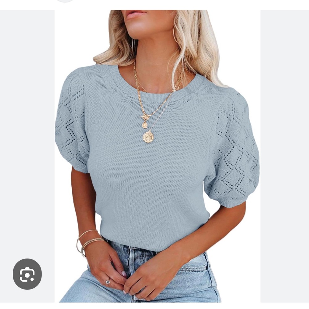 BTFBM sz S Crewneck Puff Lace Short Sleeve cotton sweater Light Blue pompom
